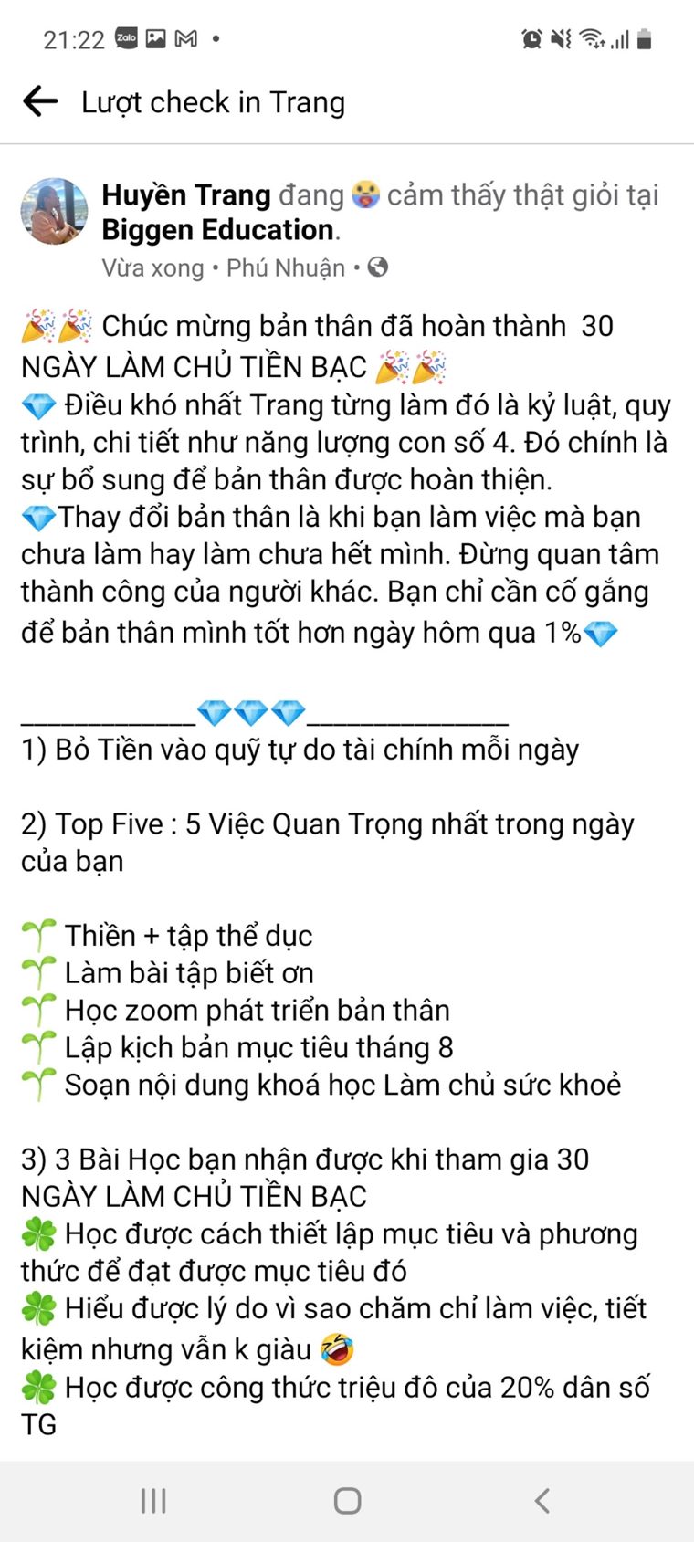 Phản hồi học viên khoá Làm Chủ Tiền Bạc số 8