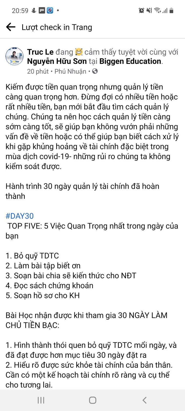 Phản hồi học viên khoá Làm Chủ Tiền Bạc số 20